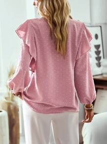 EMERY ROSE Women's Contrast Lace V-Neck Lantern Sleeve Blouse Fall Cloth For Women - Pink - View 2
