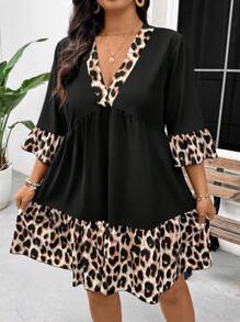 SHEIN Frenchy Plus Size Women's Casual V-Neck Leopard Print Patchwork Dress, Vacation Style