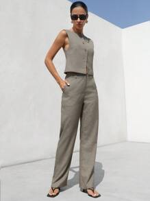 Aveloria Modichic 复古风格两件套：一件格子露肩背心和宽松阔腿裤，优雅的商务休闲装 - 卡其色 - 查看 6