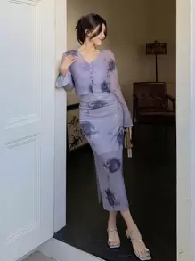 DAZY 2pcs Women Floral Print Mesh Long Sleeve Top And Dress Set, Minimalist