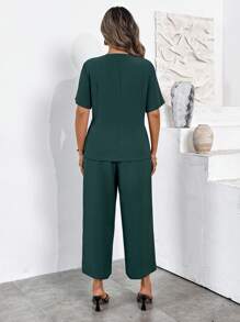 SHEIN LUNE Plus Size Elegant Solid Color Split Hem Short Sleeve Shirt Pants Set - Multicolor - View 2