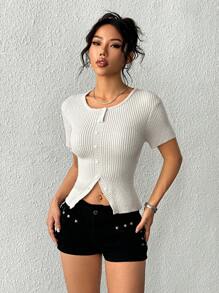 INAWLY Women's Solid Color Crew Neck Short Sleeve Button Design Casual Knit Top - Light Grey - View 7