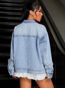 SHEIN ICON Loose Fit Light Wash Women's Denim Jacket/Coat - Light Wash - View 2