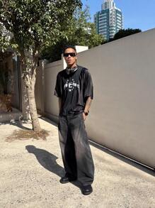 NEON BLANC 男士街头时尚宽松针织圆领短袖黑色印花棒球 T 恤