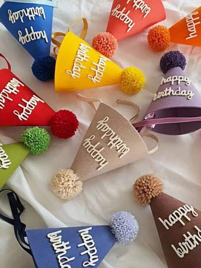SHEIN 1pc 17.5*12Cm Thick Felt Material Large Pompom Party Hat, Happy Birthday Letter Printed Party Hat, Birthday Headdress Hairpin, Birthday Gift, Birthday Decoration, Nine Colors Available