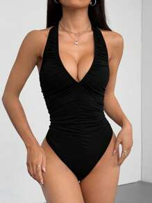 StreetHx Women's Deep V-Neck Ruched Open Back Halter Tight Bodysuit, High Elastic & Soft, Minimalist Design, Comfortable, Versatile, Suitable For Spring & Summer - Black - View 3