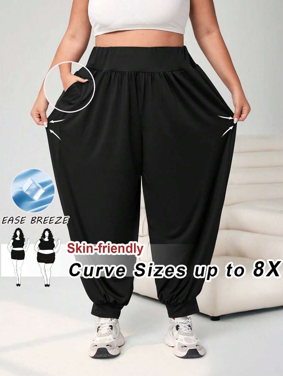 SHEIN CURVE+ Plus Size Solid Color Ankle-Tied Pants With Pockets, Lightweight Fabric, Summer