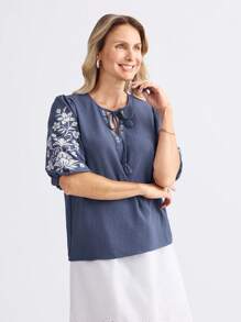 Miaspire Women's V-Neck Vacation Style Fringed Rope Mid-Long Sleeve Blue Fabric Positioning Print Shirt - Blue - View 1