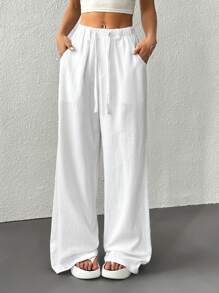 SHEIN EZwear White Linen Loose Wide Leg Pants, Summer