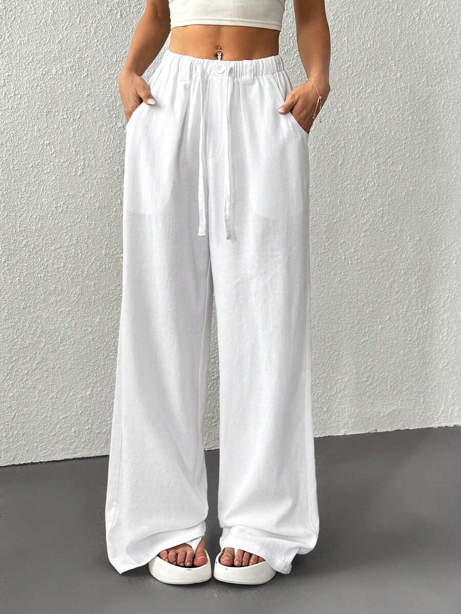 SHEIN EZwear White Linen Loose Wide Leg Pants, Summer
