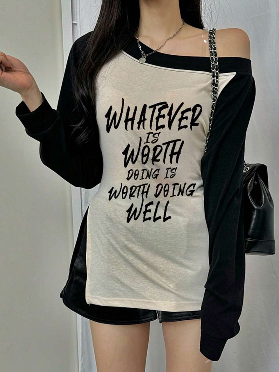 Women Contrast Color Block Letter Print Scoop Neck Long Sleeve T-Shirt, Spring/Summer/Autumn,Graphic Tees,Fall Women Clothes