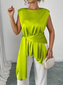 Elenzga Blusa de moda de cuello redondo con nudo y bajo asimétrico en color verde neón para mujer de talla grande
