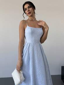 Firerie Abito da donna elegante e romantico, in tessuto dall'effetto minimale, con spalline sottili, di lunghezza media, adatto per appuntamenti e vacanze in primavera/estate - Blu - Visualizzare 5