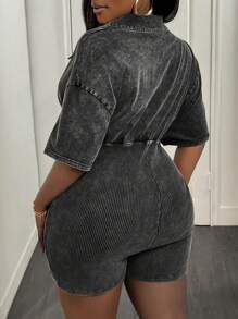 Slaydiva Mono de talla grande para mujer con estilo casual urbano, diseño ajustado y volante en el bajo - Gris - Ver 2