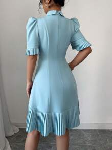 Elenzga Short Dress With Shirt Collar, Single Breasted, Ruched Hem - Green - View 2