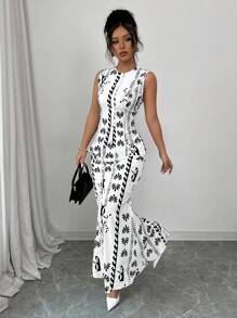 Elenzga Women Blue & White Flower Elegant Sleeveless Bodycon 2 Pieces Set