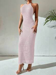 Breezaya Robe dos nu à encolure montante transparente avec lacets de couleur unie - Rose bonbon - Voir 3