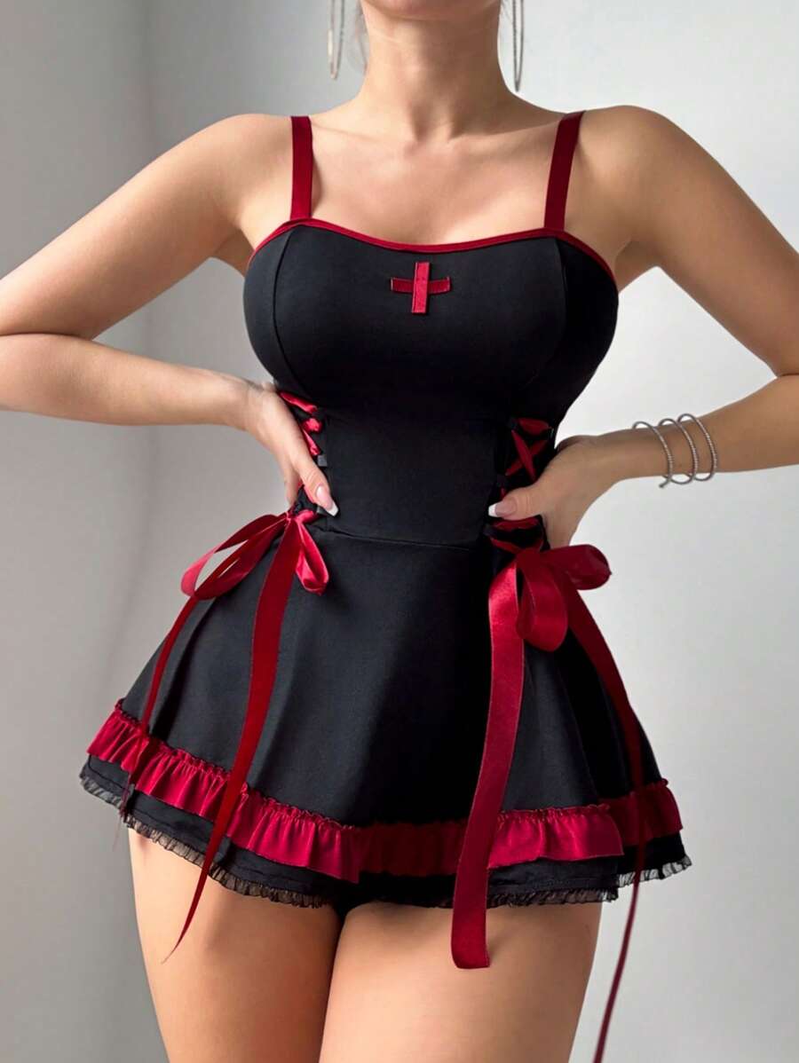 2 件套蕾丝边女士内衣服装（无钢圈/丁字裤） - 彩色 - 查看 1