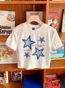 SHEIN Comfortcana Áo thun nữ cổ tròn tay ngắn họa tiết ngôi sao năm cánh tối giản, giản dị, thích hợp mặc vào mùa hè - trắng - Xem 7