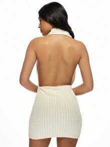 MISSGUIDED Cowl Neck Halter Mini Dress Sleeveless Ribbed Bodycon Club Party Evening Modern Sophisticated Fashion - Apricot - View 2