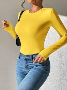 SHEIN PETITE Solid Slim Fit Spring Dam Bodysuit - Senapsgul - Visa 6