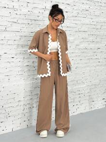 SHEIN EZwear 2pcs/Set Contrast Color Wave Trim Shirt & Pants,Old Money Simple Commute Minimalist Office Old Money Simple