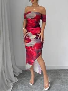 Elenzga Damska letnia sukienka maxi dopasowana z kwiatowym nadrukiem i odkrytymi ramionami, rozcięciem po bokach i nadrukiem kwiatowym na Nowy Rok - Czerwony - Zobacz 5