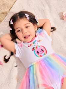 CoComelon X SHEIN Baby Girl Watermelon Print Colorful Contrast Mesh White Cute Cartoon Bodysuit - White - View 5