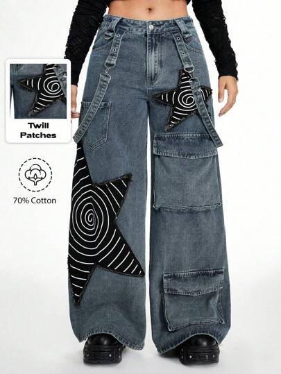 Grunge Punk Pantalon cargo ample et évasé pour femmes, effet délavé et déchiré avec patch étoile, style punk