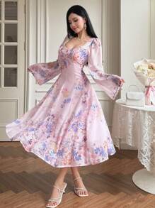 DAZY Women's V-Neck Ditsy Floral Ruffle Sleeve Mid-Length Dress, Spring,Fall Dress Long Sleeve Dress Vacation Outfits Women Easter Boho - Multicolor - View 8