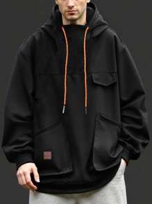 Manfinity Homme Men's Solid Color Long Sleeve Drawstring Hooded Casual Jacket - Black - View 1