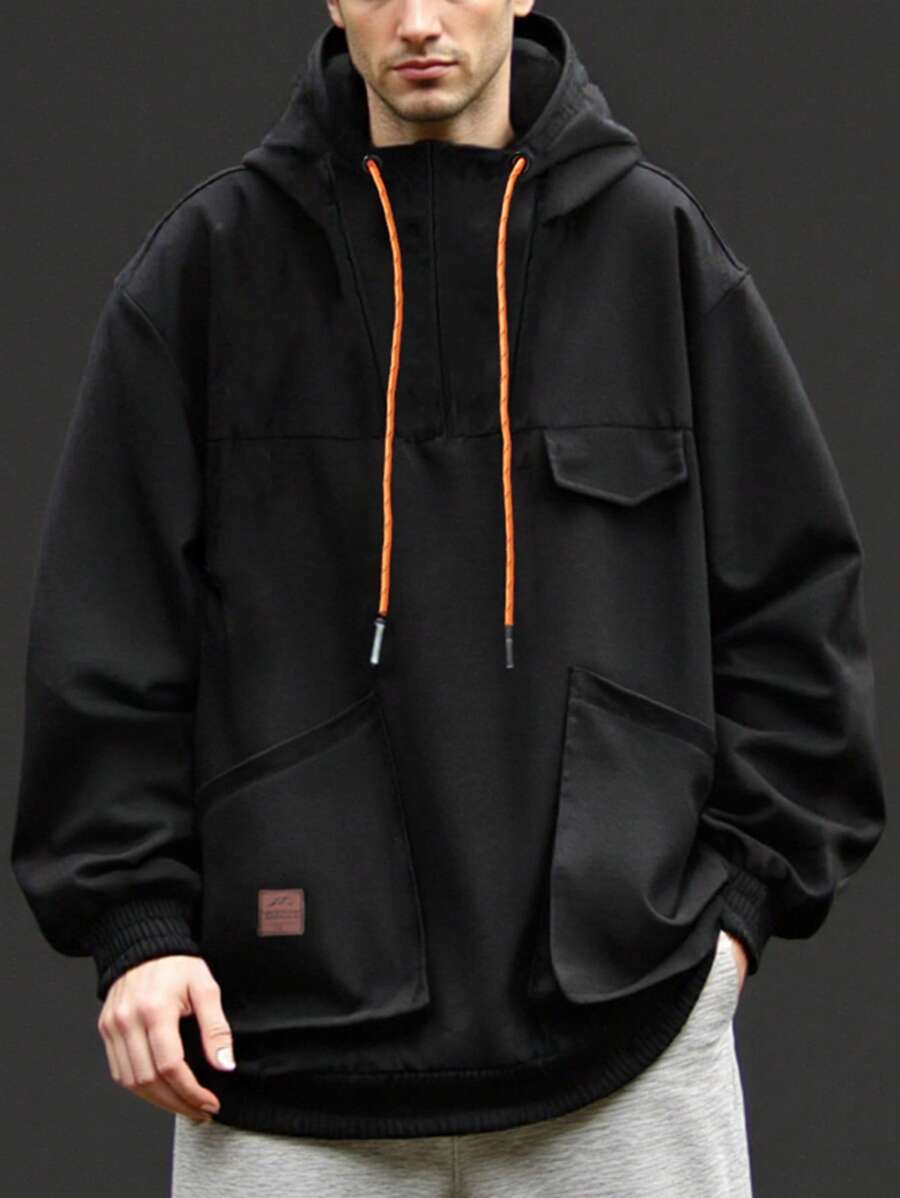 Manfinity Homme Men's Solid Color Long Sleeve Drawstring Hooded Casual Jacket - Black - View 1