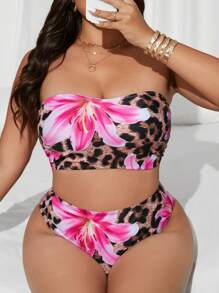 Slaydiva Plus Size Leopard Print & Tropical Floral Random Design Swimwear Set For Summer Beach Vacation - Multicolor - View 4