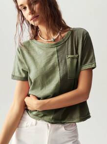 Bohemela Boho Vacation Casual Knit Color Block Round Neck Short Sleeve Loose T-Shirt For Women - Army Green - View 6