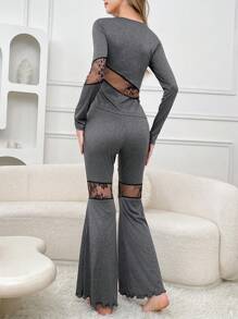 Elegant Romantic Lace Hollow Splice Asymmetric Long Sleeve Top & Flare Leg Pants Pajama Set For Women, Fall Winter Clothes - Dark Grey - View 2