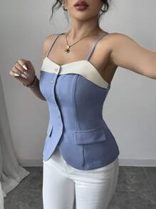 Elenzga Damen ärmelloses blaues & weißes Patchwork Top mit Knopfdesign an der Taille