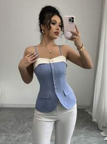 Elenzga Damen ärmelloses blaues & weißes Patchwork Top mit Knopfdesign an der Taille