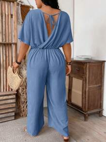 SHEIN Clasi Commute Style Backless Short Sleeve Jumpsuit - Dusty Blue - View 2