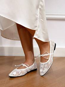 CUCCOO HITCHD Spring/Autumn 2025 New Arrival Wedding Style Mesh Mary Janes With Bow Decor, Solid Color Comfortable Casual Square Toe Flat Shoes, Versatile