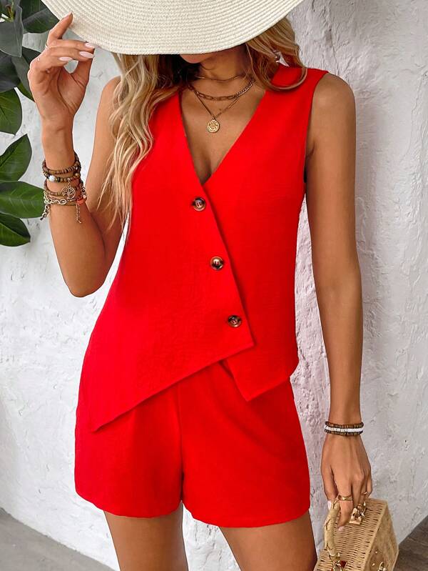 Breezaya Summer Casual Loose Asymmetric Vest & Shorts Set