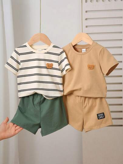 4pcs Baby Boys Casual Striped Bear & Letter Print Round Neck Short Sleeve T-Shirt And Shorts Pajama Set, Loose Sleepwear