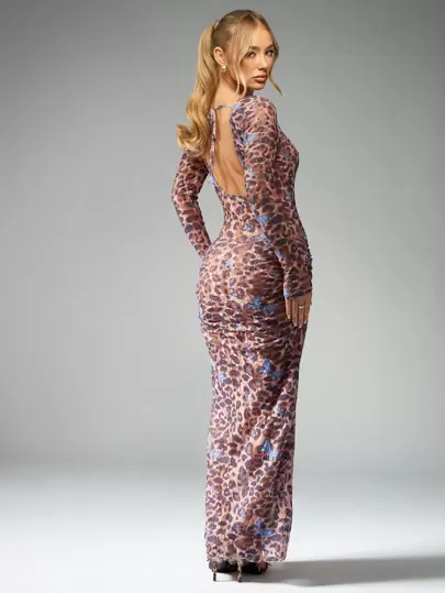 MISSGUIDED Elegant Leopard Print Mesh Maxi Long Sleeve Bodycon Dress MISSGUIDED