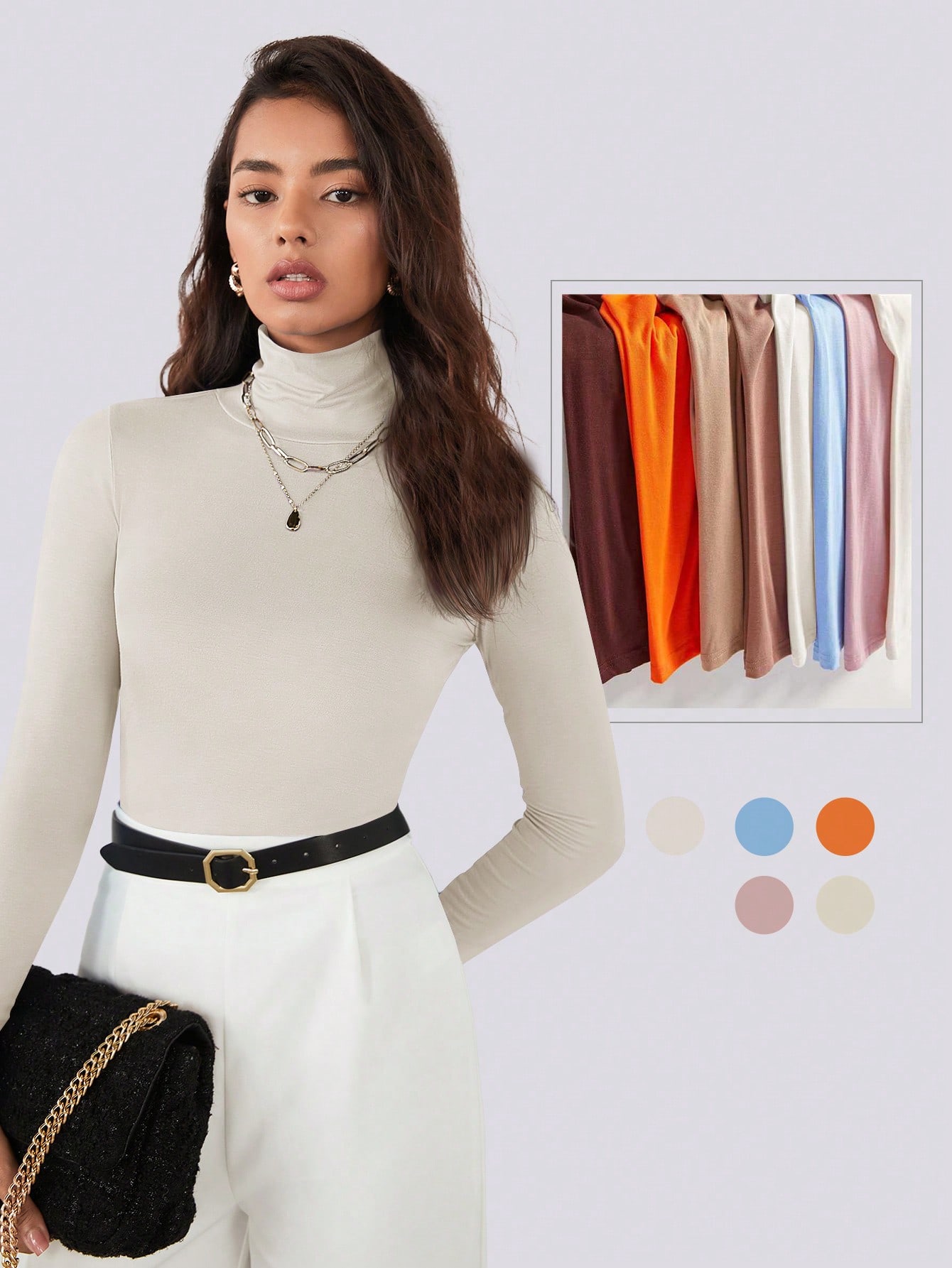 RueChic بلوزة ذات لون أساسي قابلة للسحب ، بياقة عا...