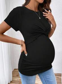 SHEIN Maternity Casual Crew Neck Slim Fit Maternity Nursing T-Shirt, Short Sleeve Black