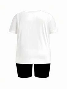 Slaydiva 2 sztuki/zestaw Damski swobodny prosty serek graficzny luźny krój okrągły dekolt krótki rękaw, odpowiedni na lato