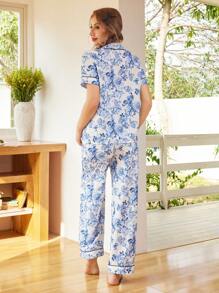 SHEIN 2pcs Teen Girl Vintage Floral Print Lapel Button Short Sleeve Top And Loose Comfortable Casual Woven Pants Pajama Set