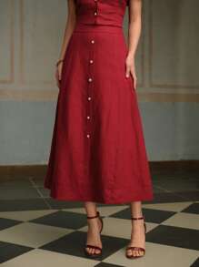 ZEYLAH 女士休闲通勤纯色前扣亚麻 A 字裙 - 酒紅色 - 查看 4