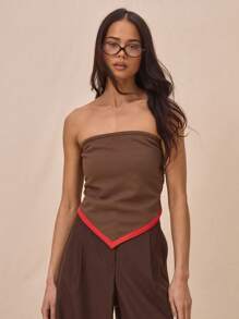 MUSERA Contrast Trim Pointed Hem Fitted Strapless Bandeau Top For Springs Summer Cute - Coffee Brown - View 1