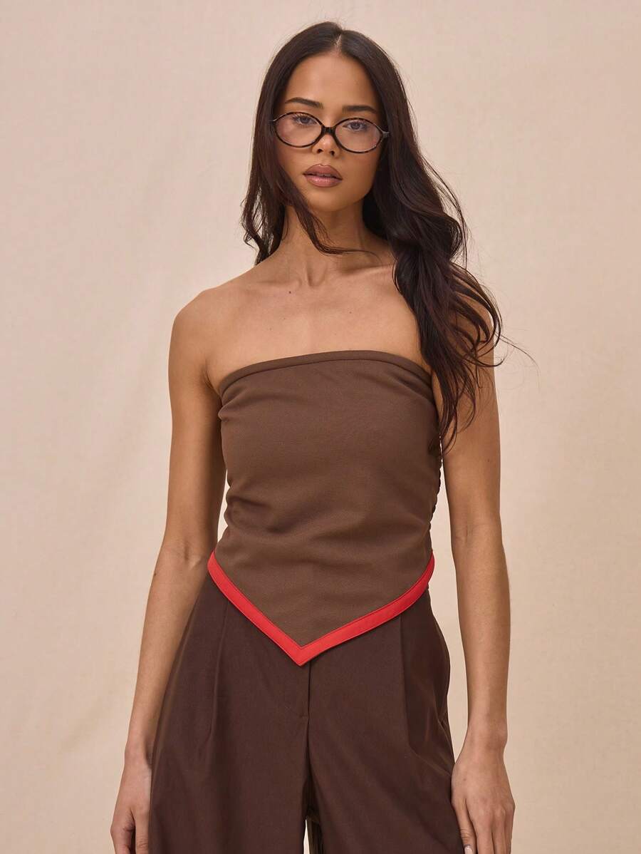 MUSERA Contrast Trim Pointed Hem Fitted Strapless Bandeau Top For Springs Summer Cute - Coffee Brown - View 1