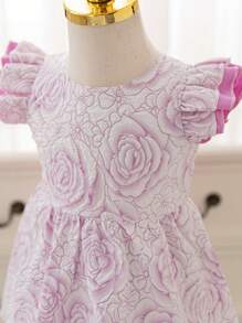 SHEIN Glamorique Kids Toddler Girls' Spring And Summer Colorblock Double Layer Cap Sleeve Hollow Back Rose Jacquard Dress - Mauve Purple - View 7